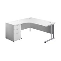 Twin Upright Left Hand Radial Desk + Desk High 3 Drawer Pedestal (FSC) 1600X1200 600mm Deep Pedestal White/Silver