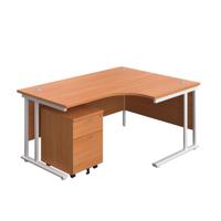 Twin Upright Right Hand Radial Desk + Mobile 2 Drawer Pedestal  1600X1200 Beech/White