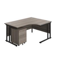 Twin Upright Right Hand Radial Desk + Mobile 2 Drawer Pedestal  1600X1200 Grey Oak/Black