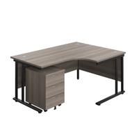 Twin Upright Right Hand Radial Desk + Mobile 3 Drawer Pedestal  1600X1200 Grey Oak/Black