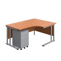 Twin Upright Right Hand Radial Desk + Under Desk Steel Pedestal 3 Drawers  1600X1200 Beech/Silver