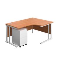 Twin Upright Right Hand Radial Desk + Under Desk Steel Pedestal 3 Drawers  1600X1200 Beech/White