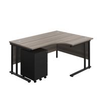 Twin Upright Right Hand Radial Desk + Under Desk Steel Pedestal 3 Drawers  1600X1200 Grey Oak/Black