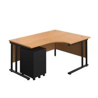 Twin Upright Right Hand Radial Desk + Under Desk Steel Pedestal 3 Drawers (FSC) 1600X1200 Nova Oak/Black