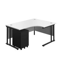 Twin Upright Right Hand Radial Desk + Under Desk Steel Pedestal 3 Drawers (FSC) 1600X1200 White/Black