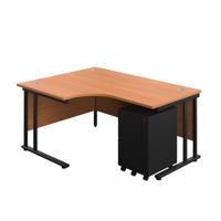 Twin Upright Right Hand Radial Desk + Slimline Steel Pedestal 3 Drawers (FSC) 1600X1200 Beech/Black