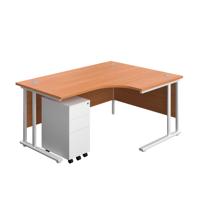 Twin Upright Right Hand Radial Desk + Slimline Steel Pedestal 3 Drawers  1600X1200 Beech/White