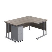 Twin Upright Right Hand Radial Desk + Slimline Steel Pedestal 3 Drawers  1600X1200 Grey Oak/Silver