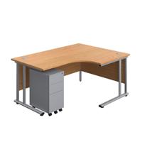 Twin Upright Right Hand Radial Desk + Slimline Steel Pedestal 3 Drawers (FSC) 1600X1200 Nova Oak/Silver