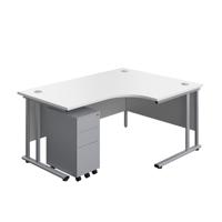 Twin Upright Right Hand Radial Desk + Slimline Steel Pedestal 3 Drawers (FSC) 1600X1200 White/Silver