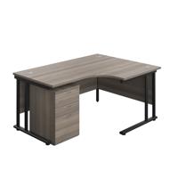 Twin Upright Right Hand Radial Desk + High Mobile Pedestal 3 Drawer  1600X1200 Grey Oak/Black