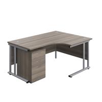 Twin Upright Right Hand Radial Desk + High Mobile Pedestal 3 Drawer  1600X1200 Grey Oak/Silver