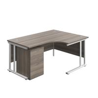 Twin Upright Right Hand Radial Desk + High Mobile Pedestal 3 Drawer  1600X1200 Grey Oak/White