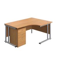 Twin Upright Right Hand Radial Desk + High Mobile Pedestal 3 Drawer (FSC) 1600X1200 Nova Oak/Silver