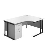 Twin Upright Right Hand Radial Desk + High Mobile Pedestal 3 Drawer  1600X1200 White/Black