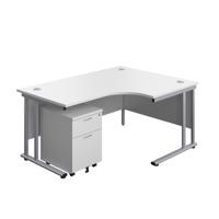 Twin Upright Right Hand Radial Desk + Mobile 2 Drawer Pedestal (FSC) 1600X1200 White/Silver