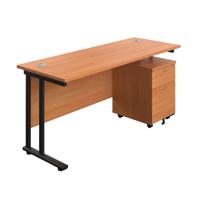 Twin Upright Rectangular Desk + Mobile 2 Drawer Pedestal  1600X600 Beech/Black