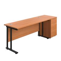 Twin Upright Rectangular Desk + Desk High 3 Drawer Pedestal  1600X600 Beech/Black