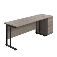 Twin Upright Rectangular Desk + Desk High 3 Drawer Pedestal  1600X600 Grey Oak/Black