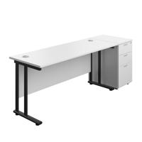 Twin Upright Rectangular Desk + Desk High 3 Drawer Pedestal  1600X600 White/Black