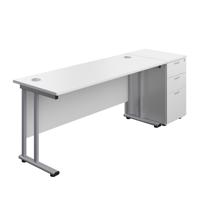 Twin Upright Rectangular Desk + Desk High 3 Drawer Pedestal (FSC) 1600X600 White/Silver