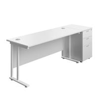 Twin Upright Rectangular Desk + Desk High 3 Drawer Pedestal (FSC) 1600X600 White/White