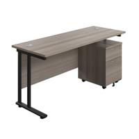 Twin Upright Rectangular Desk + Mobile 2 Drawer Pedestal  1600X600 Grey Oak/Black