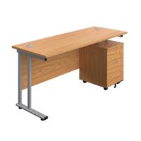 Twin Upright Rectangular Desk + Mobile 2 Drawer Pedestal (FSC) 1600X600 Nova Oak/Silver
