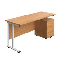 Twin Upright Rectangular Desk + Mobile 3 Drawer Pedestal (FSC) 1600X600 Nova Oak/White