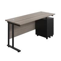 Twin Upright Rectangular Desk + Under Desk Steel Pedestal 3 Drawers  1600X600 Grey Oak/Black