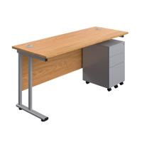 Twin Upright Rectangular Desk + Under Desk Steel Pedestal 3 Drawers (FSC) 1600X600 Nova Oak/Silver
