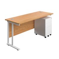 Twin Upright Rectangular Desk + Under Desk Steel Pedestal 3 Drawers (FSC) 1600X600 Nova Oak/White