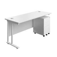 Twin Upright Rectangular Desk + Under Desk Steel Pedestal 3 Drawers (FSC) 1600X600 White/White