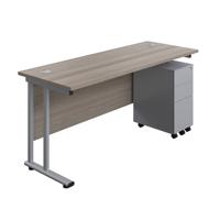 Twin Upright Rectangular Desk + Slimline Steel Pedestal 3 Drawers  1600X600 Grey Oak/Silver