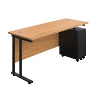 Twin Upright Rectangular Desk + Slimline Steel Pedestal 3 Drawers  1600X600 Nova Oak/Black
