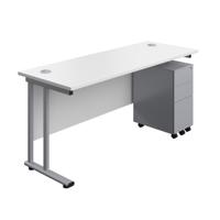 Twin Upright Rectangular Desk + Slimline Steel Pedestal 3 Drawers  1600X600 White/Silver