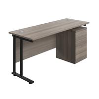 Twin Upright Rectangular Desk + High Mobile Pedestal 3 Drawer  1600X600 Grey Oak/Black