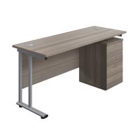 Twin Upright Rectangular Desk + High Mobile Pedestal 3 Drawer  1600X600 Grey Oak/Silver