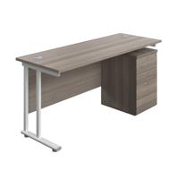 Twin Upright Rectangular Desk + High Mobile Pedestal 3 Drawer  1600X600 Grey Oak/White