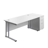 Twin Upright Rectangular Desk + Desk High 3 Drawer Pedestal  1600X800 White/Silver