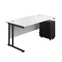 Twin Upright Rectangular Desk + Slimline Steel Pedestal 3 Drawers  1600X800 White/Black