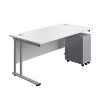 Twin Upright Rectangular Desk + Slimline Steel Pedestal 3 Drawers  1600X800 White/Silver