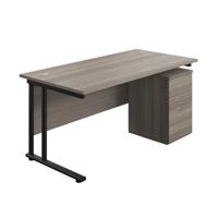 Twin Upright Rectangular Desk + High Mobile Pedestal 3 Drawer  1600X800 Grey Oak/Black