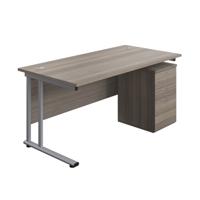 Twin Upright Rectangular Desk + High Mobile Pedestal 3 Drawer  1600X800 Grey Oak/Silver