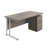 Twin Upright Rectangular Desk + High Mobile Pedestal 3 Drawer  1600X800 Grey Oak/White