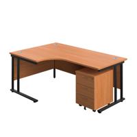 Twin Upright Left Hand Radial Desk + Mobile 3 Drawer Pedestal  1800X1200 Beech/Black