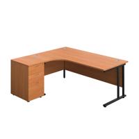 Twin Upright Left Hand Radial Desk + Desk High 3 Drawer Pedestal  1800X1200 600mm Deep Pedestal Beech/Black