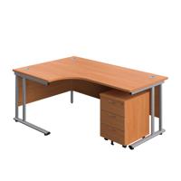 Twin Upright Left Hand Radial Desk + Mobile 3 Drawer Pedestal  1800X1200 Beech/Silver