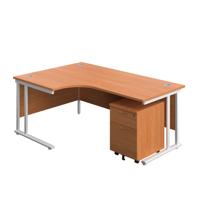 Twin Upright Left Hand Radial Desk + Mobile 2 Drawer Pedestal  1800X1200 Beech/White