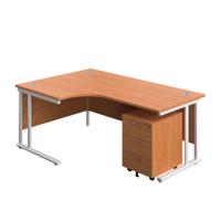 Twin Upright Left Hand Radial Desk + Mobile 3 Drawer Pedestal  1800X1200 Beech/White